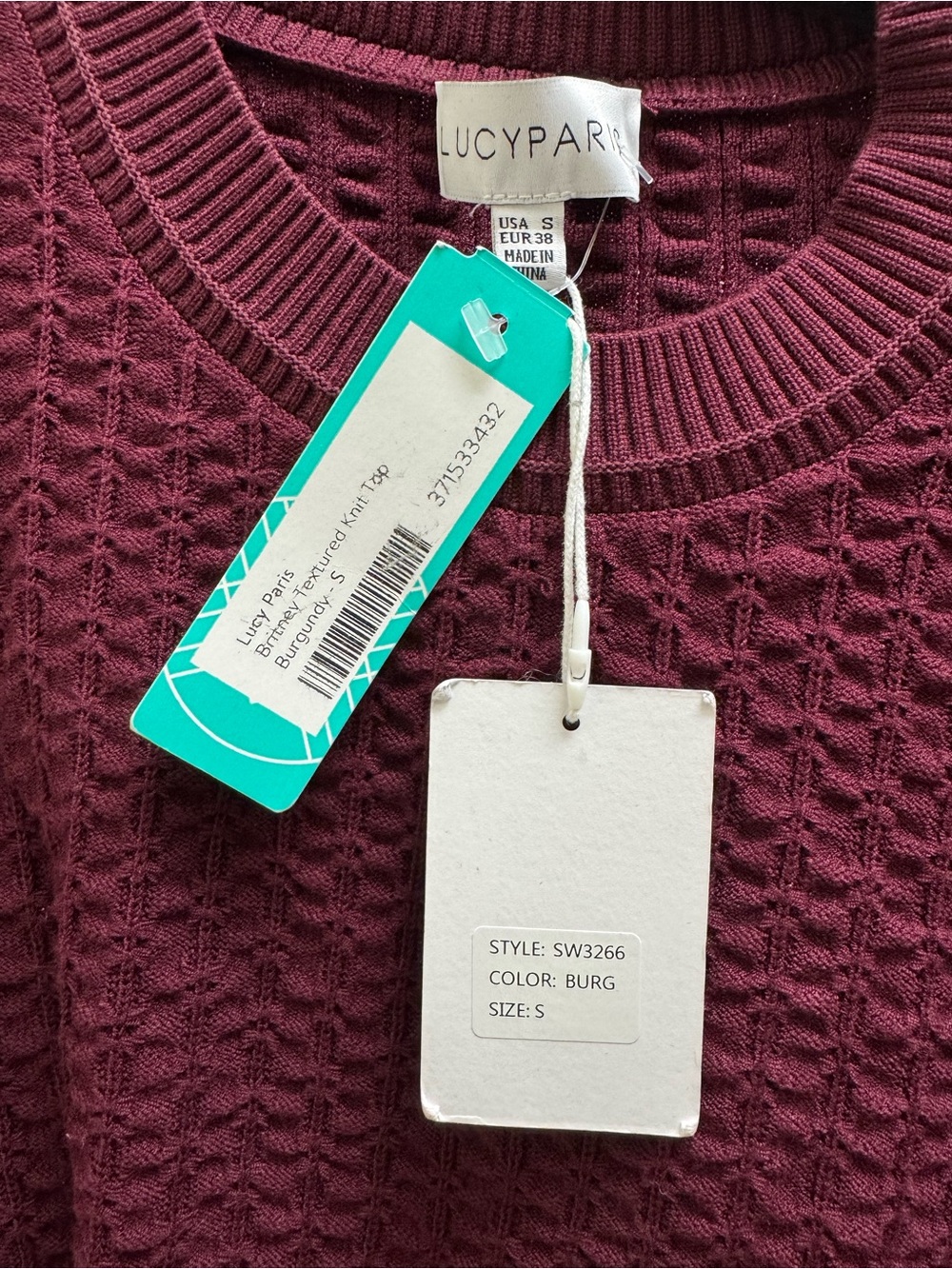 Lucy Paris Wine Textured Crewneck Sweater